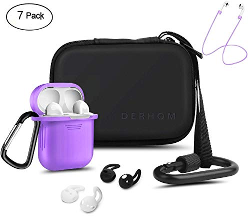 Compatible Airpods Accessories – Derhom Waterproof Silicone Hang Case Cover with Anti-Lost Strap, Ear Hooks, Keychain, Headphone Accessories Storage Travel Bag Compatible Airpods (Purple)