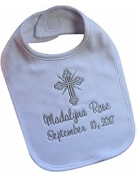 Christening Bib for Babies Personalized and Embroidered Name and Baptism Date in SILVER THREAD