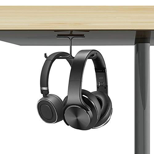 Headset Headphone Mount, 6amLifestyle Aluminum Under Desk Dual Headsets Hanger Holder Stand, Stick-On Hooks Universal for All Headphones, Black (Patented)