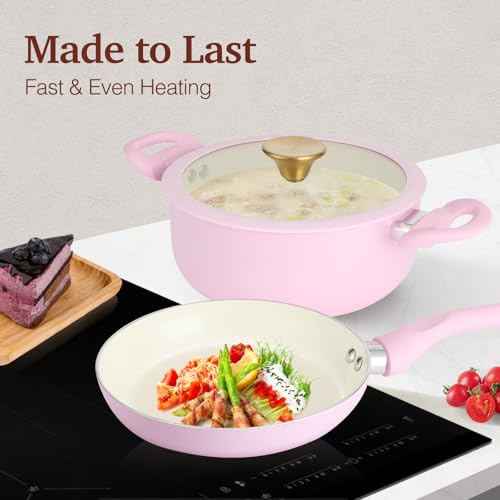 M MELENTA Pink Pots and Pans Set Non Stick, 11 Piece Non Toxic Ceramic Cookware Set, Induction Ready Kitchen Cooking Set with Cool-Grip Handles, PFOA & PTFE Free