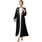 Muslim Abaya Long Sleeve Open Front Rhinestones Kaftan Cardigan Maxi Dress for Women with Belt