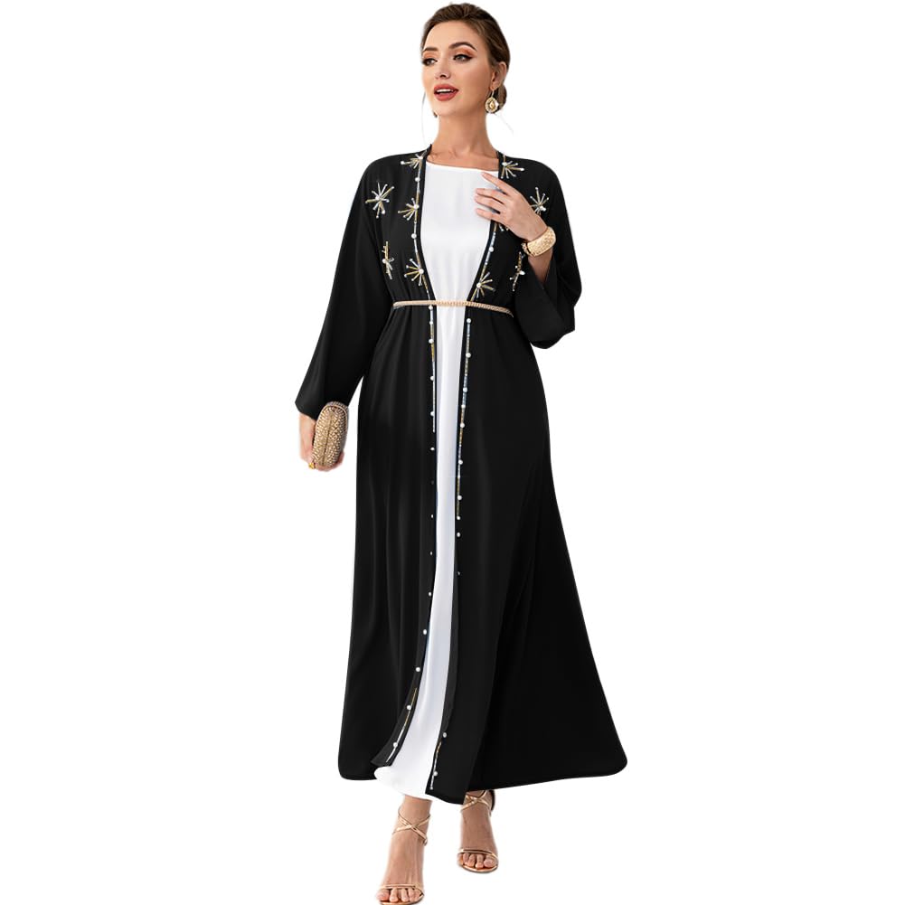 Photo 1 of Abaya Dress for Women Muslim Open Front Cardigan Rhinestones Robe Arabs Kaftan Long Sleeve Maxi Belt Dress Party Dress Muslim Clothes For Women Traditional Arabic Cardigan Black Cardigan L