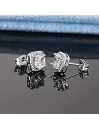 Pendientes de tuerca con circonita cúbica redonda, chapados en oro blanco de 18 quilates, diamantes de imitación de halo (2 pares)