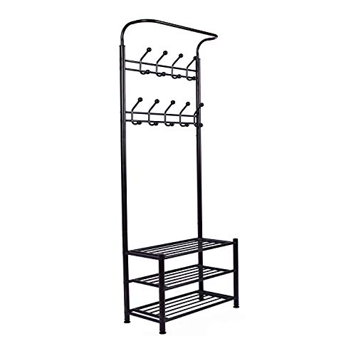 DRM Hall Tree Coat Rack with Metal Entryway 18 Hooks Clothes Rack with 3 Tier Shoe Rack Bench Hat Hanger Umbrella Stand, Black