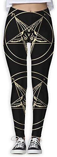 Gold Baphomet Inverted Pentacle Pewter Satanic Goat Head Womens Athletic Stretch Footless High Waist Leggings Pants