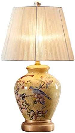 ZAE American Style Ceramic Table Lamp Dimmable Nightstand Bedeside Desk Lamp with White Neutral Linen Fabric Shade,Brass Base,Great for Bedroom Living Room Yellow (Color : Dimming switch, Size : B)