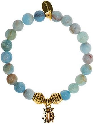 EvaDaneNatural Aquamarine Beryl Gemstone Tibetan Bead Ladybug Charm Stretch Bracelet