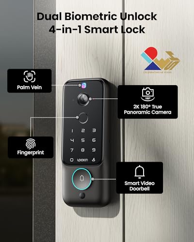 Lockin Venoris Plus - All-in-One Smart Lock for Front Door - Palm Vein & Fingerprint Keyless Entry - 2K 180° Ultra-Wide Camera, Night Vision, Built-in WiFi & 8GB Storage - No Monthly Fee