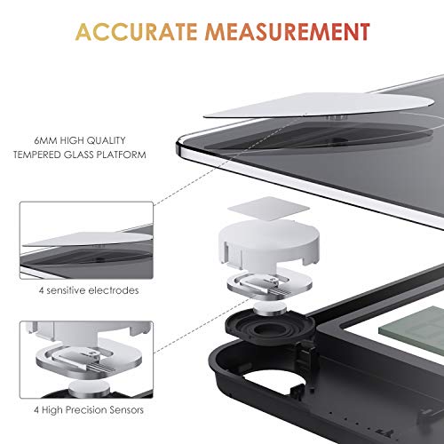 DEIK Body Fat Scale, Bluetooth Bathroom Scale with Smartphone APP, 18 Body Composition Measurement, High Precision Sensors, LCD Backlit Display, Include 3 AAA Batteries, Black