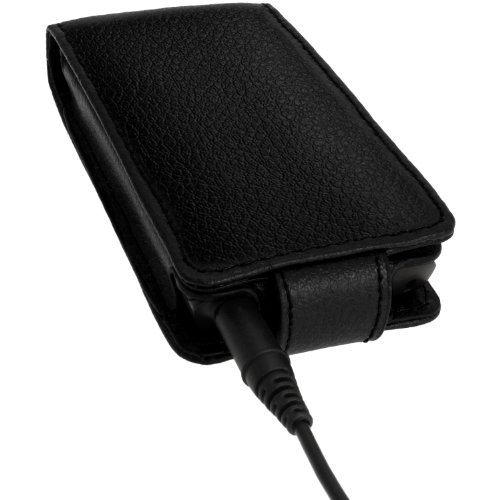 iGadgitz Black Leather Case for Sony Walkman NWZ-E384 with Detachable Carabiner + Screen Protector
