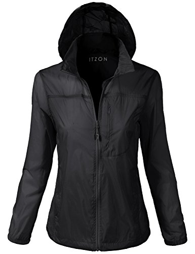 Luna Flower Women's Long Sleeve Lightweight Packable Water Resistant Wind Rain Zip-Up Hoodie Jacket Black S-M (GJAW078)