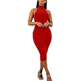 GOBLES Women's Sexy Halter High Neck Elegant Sleeveless Bodycon Midi Club Dress