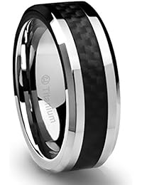 8MM Men's Titanium Ring Wedding Band Black Carbon Fiber Inlay and Beveled Edges