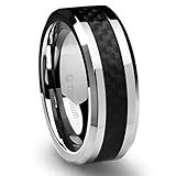 8MM Men's Titanium Ring Wedding Band Black Carbon Fiber Inlay and Beveled Edges