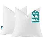 Oubonun 26 x 26 Down Feather Throw Pillow Inserts - Fluffy and Plush Odor-Free Euro Pillows - 100% Breathable Cotton Fabric for Couch Sofa Bed, White, Pack of 2