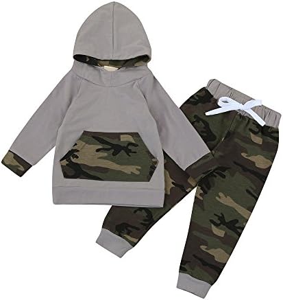 GOGOBO 2PC Baby Hooded Clothes Set Infant Boy Hoodies With Pocket Tops+Long Camouflage Pants Winter Outfits Set by (24M, Gy)