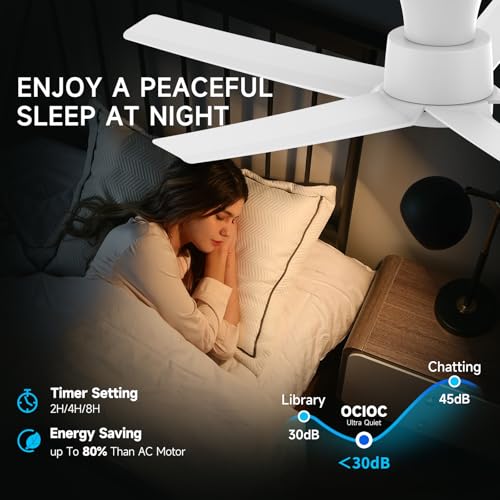 ocioc - Ventiladores de techo de 44 pulgadas con luces y mando a distancia, ventiladores de techo regulables con motor CC silencioso reversible, montaje empotrado, 3CCT, ventilador de techo blanco