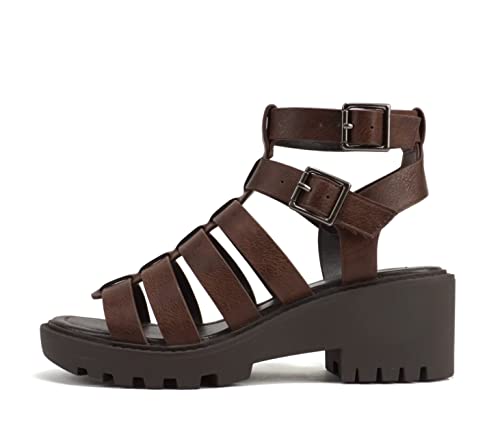 Soda “Rebirth” ~ Women Open Toe Fisherman Multi Strap Buckle Lug Sole Low Block Heeled Sandals (BROWN PU, us_footwear_size_system, adult, women, numeric, medium, numeric_8) at Amazon