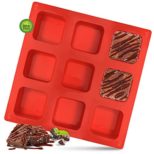 Walfos Silicone Brownie Pan - 9-Cavity Non-stick Square Baking Pan, Perfect for Brownies, Cornbread, Muffin and Cakes, BPA Free and Dishwasher Safe