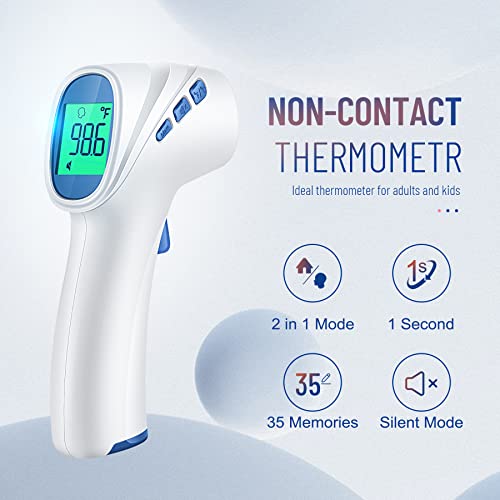 Forehead Thermometer for Adults and Kids, Non Contact, Fast Accurate Result | 3-Color Fever Alarm, 35 Memory Recalls, 1s Result, 2-in-1 Mode, Silent Mode, Large & Clear Backlit Display, FSA Eligible