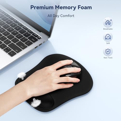 TECKNET Mouse Mat Wrist Support, 2 Packs Mouse Pad with Memory Foam, Black | Memory Foam, Anti-slip Rubber Base, Waterproof Surface Mouse Pad for Computer, Laptop, Office, Home and Travel