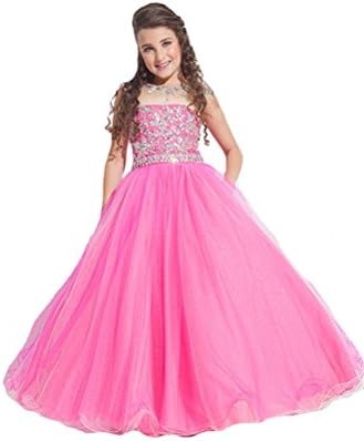 Zhoumei Big Girls' Crystal Floor Length Party Gowns Kids Pageant Dresses 14 Fuchsia