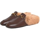 Vertundy Fur Mules with Matal Buckle Slip On Flats for Women Backless Sandals Dress Shoes Work Slides