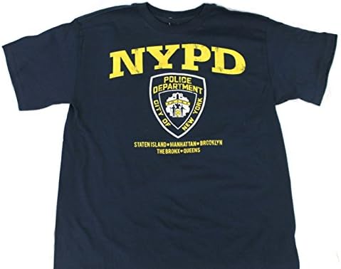 NYPD New York Police Department Shield Adult Mens Navy Tee T Shirt 5 Boroughs Yellow Distressed