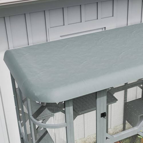 PawHut Catio Outdoor Cat Enclosure, 71" H Wooden Cat House with 5 Jumping Platforms, 2 Condos and Waterproof Cover, Walk-in Kitty Cage for 2–3 Kittens, Grey