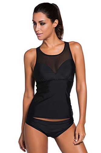 Milakoo Womens Sexy Two-Piece Swimsuit Black Mesh Insert Tankini Set