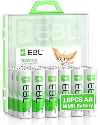 EBL 2800mAh AA Rechargeable 1.2V Ni-MH Batteries for Home Equipment with Storage Cases (16 Pieces)