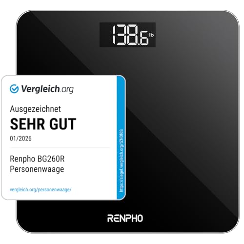 Personenwaage, Körperwaage mit Hochpräzisions-Sensoren, Personen Digitalwaage mit Step-On-Technik, Gewichtswaage aus Sicherheitsglas, 10.2" x 10.2", Schwarz-BK