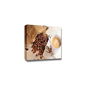 Canvas Prints Wall Art - Cup of Hot Coffee on White Wooden Table and Sack with Coffee Beans Closeup - 12" x 18"