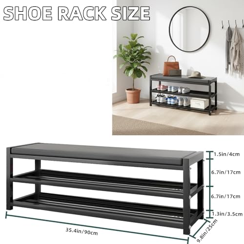 Beauenty Shoe Rack with Seat,2-Tier Shoe Rack Bench with Leather Cushion, Durable Steel Frame Shoe Stool Rack Shelf for Entryway Bedroom Living Room Balcony (90x25x41cm)