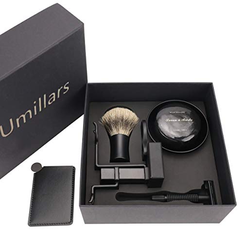 7 Piece Matte Black Shaving & Grooming Sets - Shaving Stand,Butterfly Open Razor,Shaving Brush,Shaving Bowls,Shaving Soap,Unbreakable Mirror and 10 Replacement Blades,Comes with Gift Box