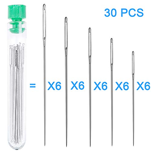 30 Pcs LargeEye Stitching Sharp Thick Needles, 5 Sizes Stainless Steel