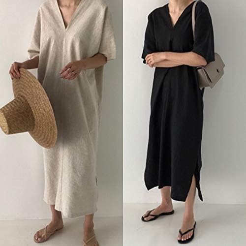 Amazon コットンワンピース 韓国 ファッション レディース 夏服 リネンワンピース 半袖 Vネック ロングワンピース ナチュラル ワンピース ゆったり オーバーサイズ ベージュ 黒 ワンピ 無地 シンプル 夏 ワンピース ワンピース チュニック 通販
