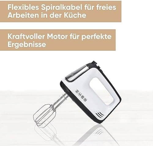 Handmixer, Handrührgerät mit 5 Geschwindigkeitsstufen, praktischer Handrührer mit 2 Edelstahl-Rührbesen und -Knethaken, 400 W, weiß-schwarz / Edelstahl, HM 3830