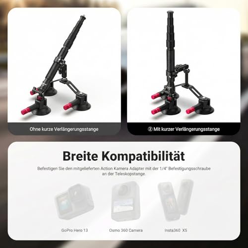 NEEWER Triple Suction Cup Car Mount Compatible with Insta360 X5 X4 GoPro DJI OSMO 360 Cameras, Quick Release Windscreen Magic Arm Mount, 2 in 1 Extension Rod/Selfie Stick, CA065
