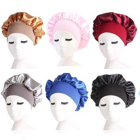 DEPHNARSA 6 Pieces Large Satin Bonnet Sleep Caps Soft Elastic Wide Band Satin Sleeping Cap & Hat Head Cover for Women Hair Loss,Natural Curly Hair Braids (A-Large Solid)