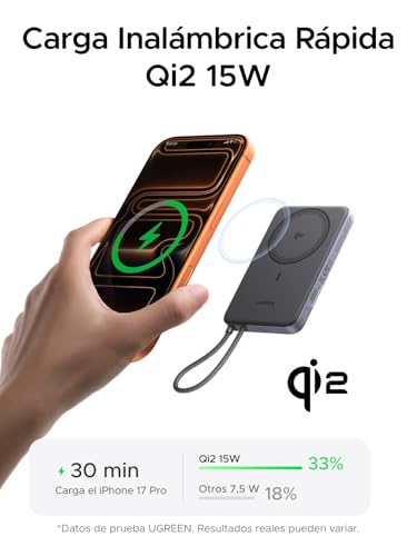 UGREEN MagFlow Air Qi2 15W 10000mAh Power Bank Ultra Delgada Batería Portátil con MagSafe, PD 30W Cable USB-C Integrado, Carga Inalámbrica Magnética Compatible con iPhone 17/16/15/14 Series Negro