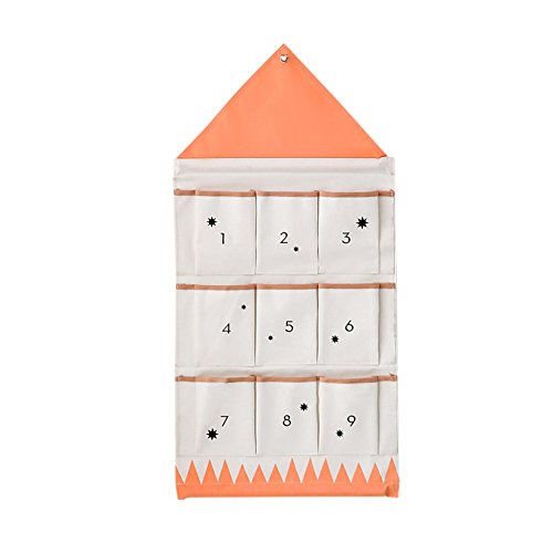 Number 9-poche Wall Hanging Cotton Fabric Foldable Organizer Storage Bag with Zip for Children's Room, Kitchen, Bathroom Storage Cupboard Cabinet Door, orange