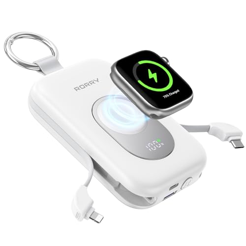 RORRY Portable Charger, 20000mAh PD 30W Portable Charger Power Bank with 2 Built-in Cables, Super Fast Charging Battery Pack with Keychain, Travel Essentials for iPhone, Apple Watch, iPad, Silver