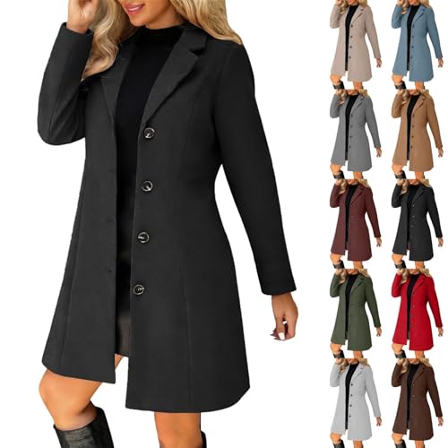 women's fashion, Trench Coats for Women, Wool Blend Single Breasted Jackets Windproof Thicken Warm Pea Coat Lapel Collar Button Down Mid-Length Overcoat Outwear Ladies Fall Winter Jacket (Black, XL)