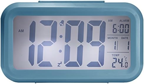 Alarm Clock Digital Large LCD Display Battery Operated Portable Morning Sensor Smart Snooze Back-Light Multi-Function Clock Time Date Month Temperature for Office Bedroom Dormitory (Blue)
