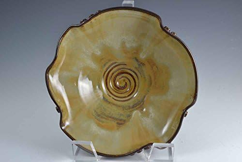 Ceramic, Medium Beige / Cream / Brown Round Serving Bowl, Altered Rim, Pottery