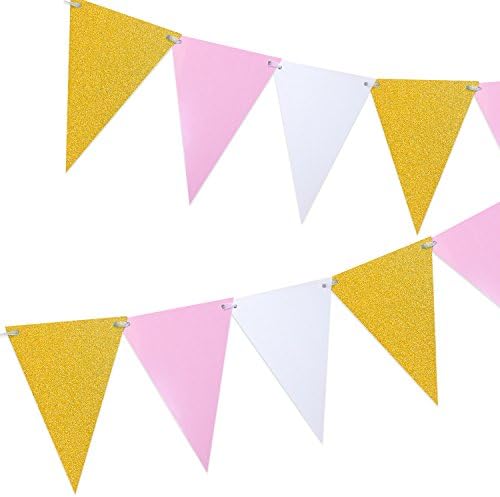 Paper Pennant Bunting Banner Garland - Sparkly Triangle Flags for Room Decoration, Bachelorette Party, Baby Shower, Wedding, 15 pcs, Glitter Gold+Pink+White