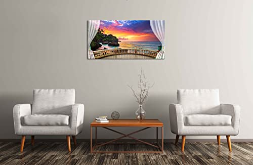 PIY Canvas Wall Art for Living Room, Beautiful Beach Ocean Sunset Pictures Canvas Prints Artwork, Balcony View Series, Large, 24x48
