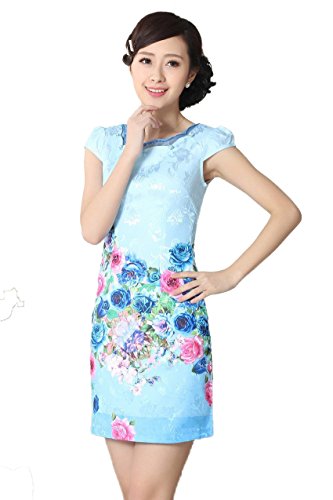 AvaCostume Women's Double Layer Neck Floral Print Jacquard Dress Qipao