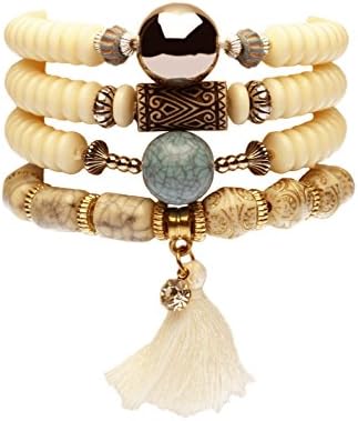 BLUEYES COLLECTION Creamy White Ethnic Style Stretch Bracelet/Necklace (2PCS)